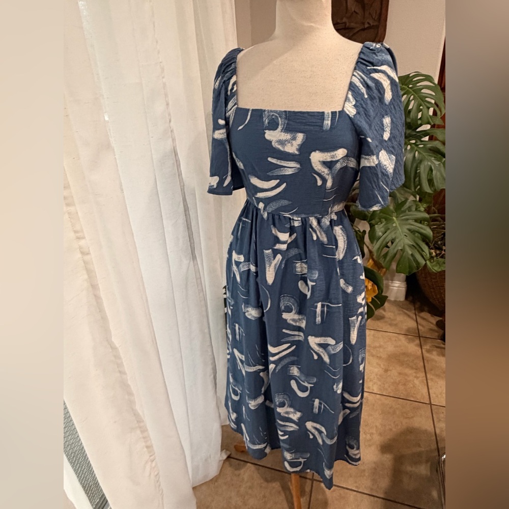 Blue Abstract Print Open Back Tie Dress XS Summer Maternity reveal
